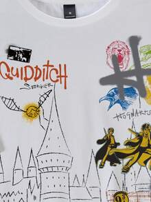 HARRY POTTER X SHEIN Men's Letter & Castle Print Round Neck Short Sleeve T-Shirt - White - View 4