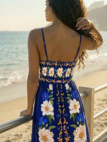 CAJUNI 女士碎花镂空收腰连衣裙，优雅适合度假、约会和外出。 - 藍色 - 查看 7