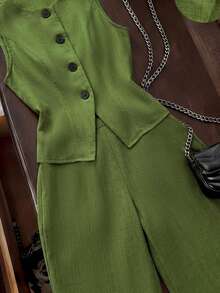 GlowEve Women's Solid Color Single-Breasted Vest With Casual Pants 2 Pieces Set, Suitable For Commuting And Office - Army Green - View 6