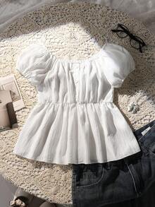 Vintaside Kids Áo thun dệt kim ngắn tay dáng ôm, cổ bèo, chữ U, cài cúc, dành cho bé gái tuổi teen, kiểu dáng thường ngày, đa năng, dễ phối đồ, họa tiết chấm bi. - trắng - Xem 1