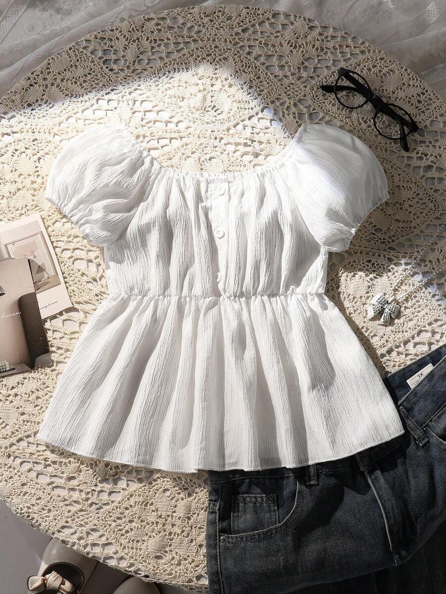 Vintaside Kids Áo thun dệt kim ngắn tay dáng ôm, cổ bèo, chữ U, cài cúc, dành cho bé gái tuổi teen, kiểu dáng thường ngày, đa năng, dễ phối đồ, họa tiết chấm bi. - trắng - Xem 1