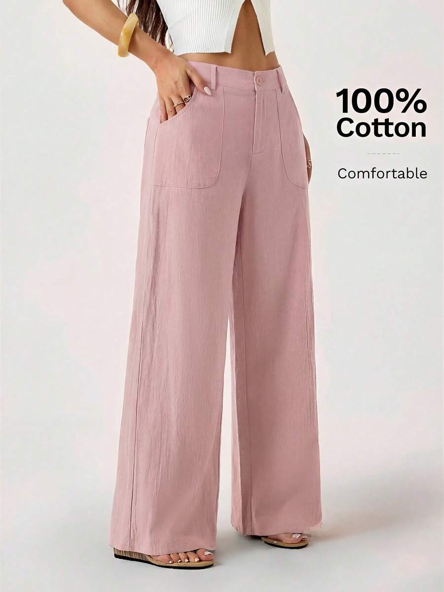SHEIN PETITE Pantalones rectos de cintura baja de 100% algodón lavado - Rosa vieja - Ver 1