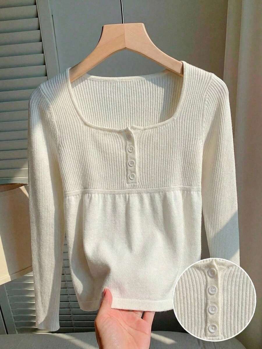CovetEZ Áo thun dài tay nữ màu trơn cài nút, kiểu dáng thường ngày đa năng, chất liệu dệt kim, thích hợp mặc hàng ngày. Áo dài tay nữ, áo nữ mùa hè, bộ đồ 2 mảnh nữ kiểu dáng thường ngày. - trắng - Xem 1