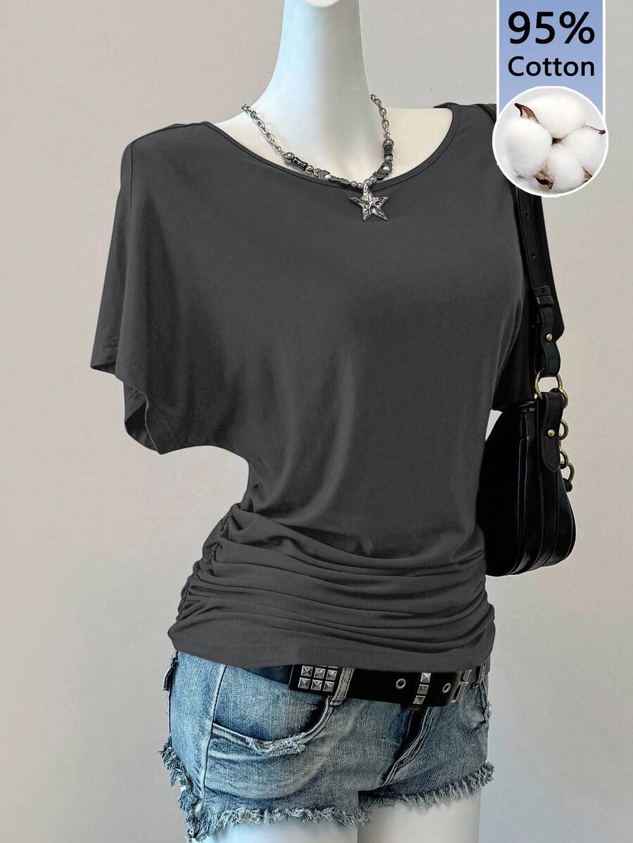 SHEIN EZwear 休闲纯色深灰色女式T恤,适合春夏穿着 - 深灰色 - 查看 1