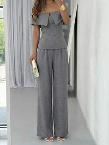 Aloruh New Summer Minimalist Commuter Outfit, Off Shoulder Crop Top With Side Slit And High-Waisted Wide-Leg Pants, Fashionable And Slimming - Dark Grey - View 6
