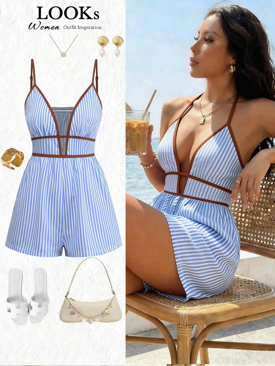 Hàng mới về mùa hè: Bộ jumpsuit nữ gợi cảm cổ khoét sâu kẻ sọc dành cho kỳ nghỉ. - Xanh và trắng - Xem 1