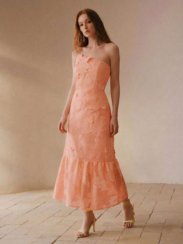 EMBROIDERY FLORAL PATTERN MERMAID HEM TUBE DRESS