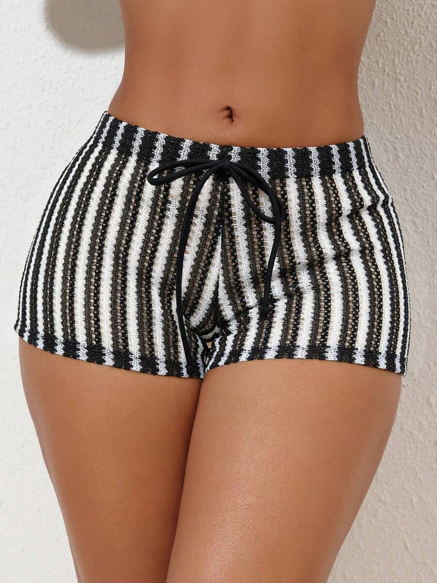 Swim Lushoire Quần short kẻ sọc có thắt lưng và áo khoác ngoài dành cho nữ - Đen và trắng - Xem 1