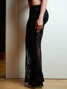 IamThia 女式 Y2k 性感西式女式低腰蕾丝喇叭裤，优雅时尚 - 黑色 - 查看 5