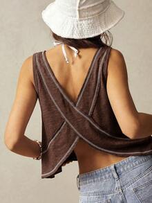 Bohemela Women Solid Color V-Neck Asymmetrical Hem Knit Vest - Coffee Brown - View 3