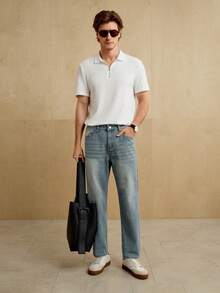 Manfinity Homme 休闲宽松直筒男士宽松牛仔裤纯色深蓝色长直筒洗水牛仔裤洗水工装牛仔裤，适合老公、男朋友的礼物 - 藍色 - 查看 2