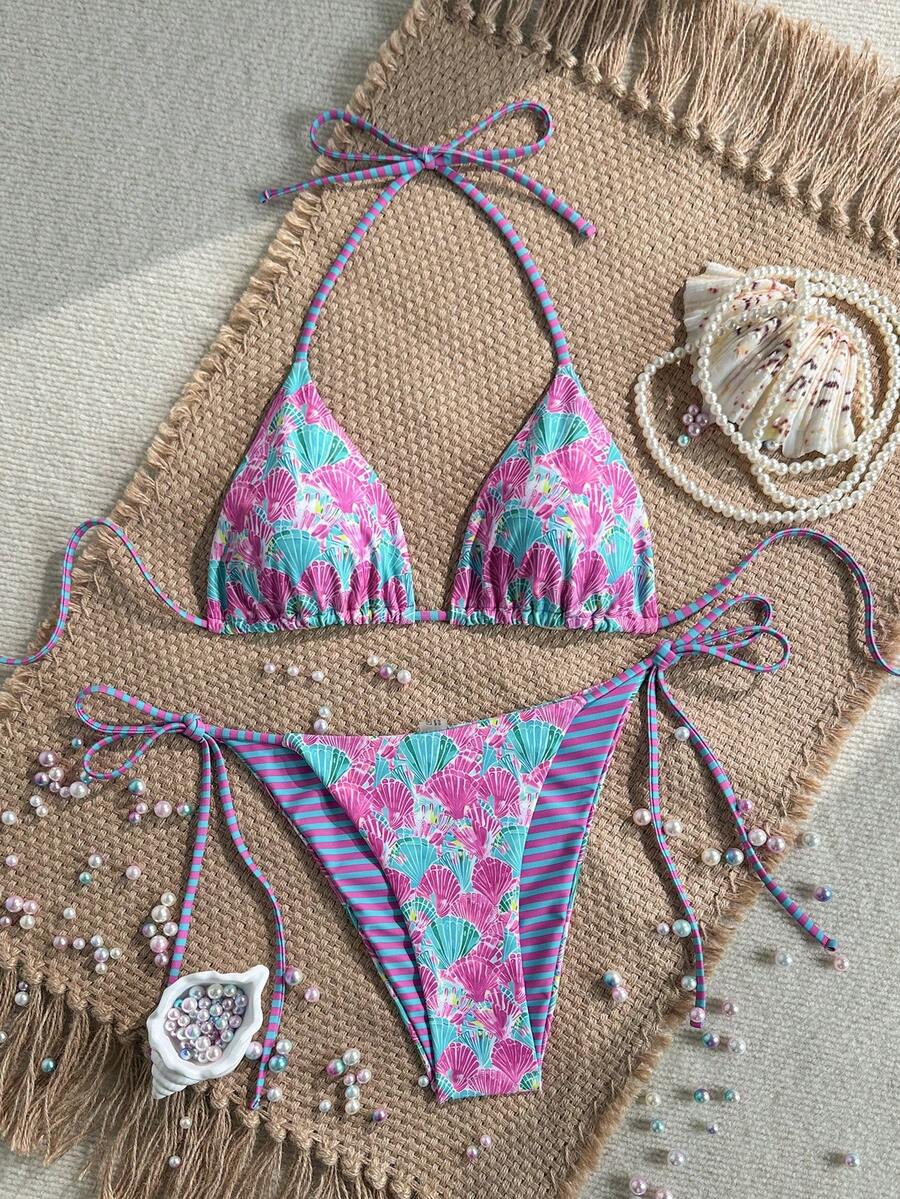 Swim Mod Conjunto de 2 piezas de bikini de mujer con tirantes finos, espalda descubierta y lazo lateral, con estampado aleatorio de leopardo, para primavera/verano 2026 - Multicolor - Ver 1
