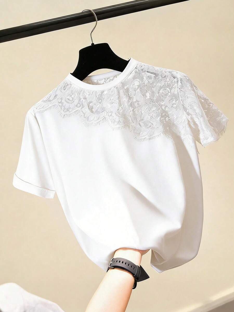 SHEIN Clasi 女士纯色简约日常短袖蕾丝拼接T恤 - 白色 - 查看 1