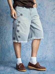 ROMWE MEN Quần short Bermuda denim dáng suông rộng, đính đá lấp lánh, dành cho nam giới, đã qua xử lý giặt. - Màu xanh lam - Xem 6