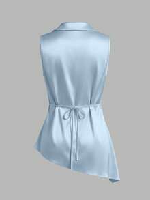 SHEIN 女士纯色打结领无袖休闲上衣 - 藍色 - 查看 2