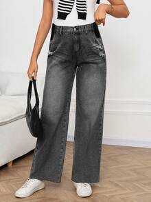 SHEIN Quần jean bầu ống rộng dáng suông thoải mái, quần jean nữ, quần jean rộng thùng thình, quần ống đứng thoải mái, trang phục Lễ Tạ ơn cho nữ, quần jean cạp rộng mùa hè, trang phục lễ hội, đi làm, nghỉ mát, tốt nghiệp, phong cách Y2K, dễ thương, thời trang đường phố, tiệc tùng, đám cưới, thanh lịch, công sở, đi biển, tốt nghiệp, thời trang nữ, quần jean ống rộng cạp cao màu đen thời trang với chi tiết rách. - Màu xanh lam - Xem 5