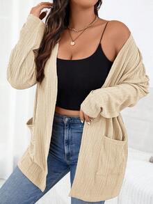 SHEIN Essnce 大码女式纹理长袖休闲开襟外套，带口袋，适合日常通勤和休闲穿着，秋季款 - 杏色 - 查看 4