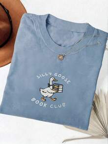 INAWLY Plus Size Embroidered Silly Goose Book Club Shirt, Comfortable Color Reader T-Shirt, Gift For Book Lovers, Round Neck Women Embroidered T-Shirt - Blue - View 3