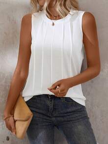 EMERY ROSE Áo tank top nữ bằng vải cotton dệt kim cổ tròn, xếp ly, không tay, ôm sát, kiểu dáng thường ngày, đa năng, thích hợp cho mùa hè. - trắng - Xem 6