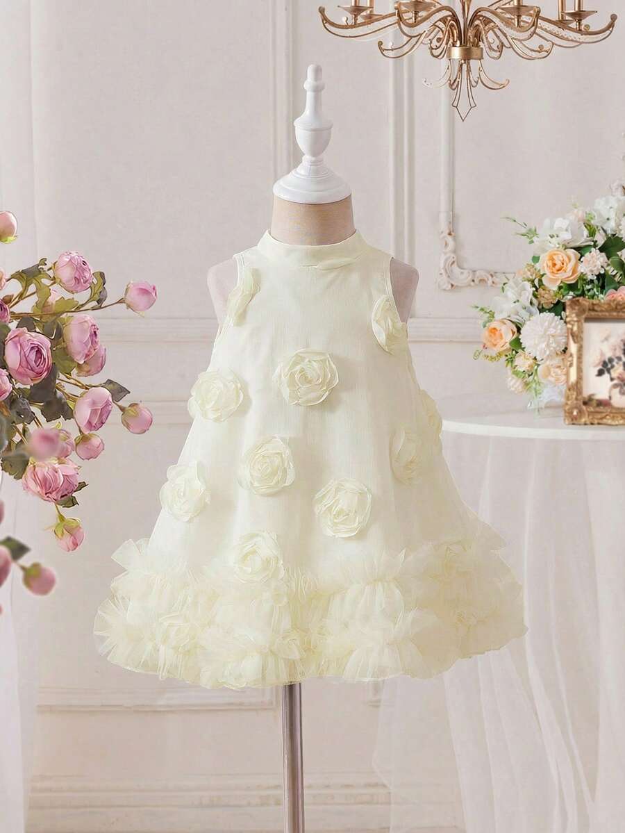 Babygirl Elegant & Cute Green Organza Ruffle Bow Sleeveless Dress - Apricot - View 1