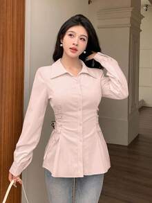 Modelyn 女士休闲优雅纯色侧系带修身衬衫，适合春秋季、办公室和日常穿着。 - 粉色 - 查看 5