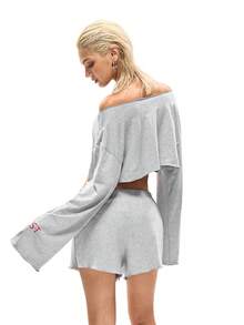 REST 女士红色字母印花喇叭袖宽松上衣和短裤睡衣套装 - 淺灰色 - 查看 2