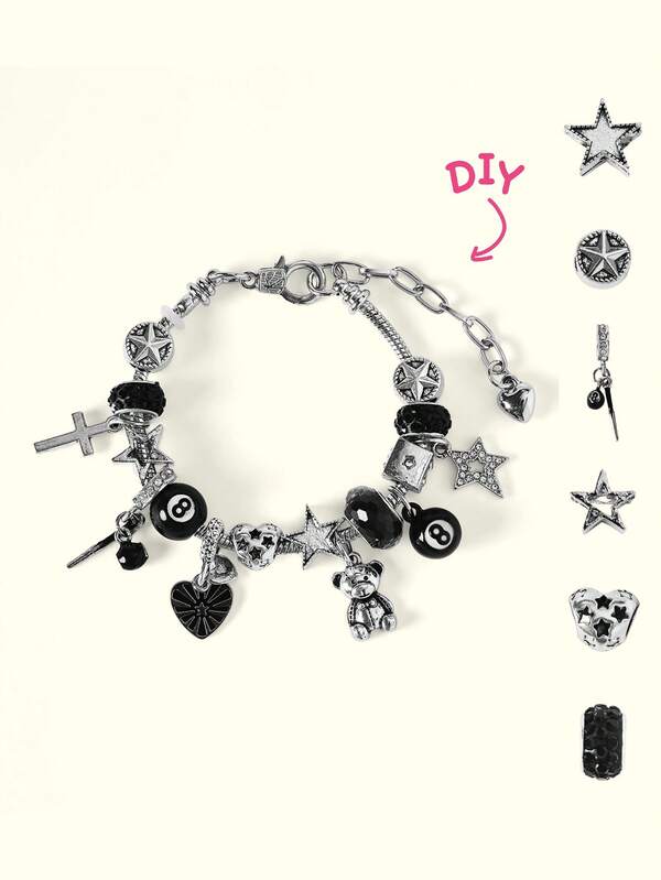 Popjeli DIY Charm, Religious Bracelet, Black Eight Ball, Bear, Cross, Heart, Five-Pointed Star Bracelet.,Y2K/Cute/Colorful/Chic,For Mom/Women/Girl/Mother,Summer/Beach/Prom/Part/Vacation/Travel,PINK,Heart