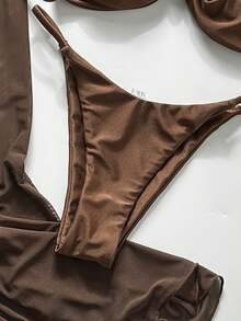 Sirith Bộ bikini 3 món Swim Oasis mùa xuân & hè, họa tiết ngẫu nhiên, màu cà phê, thiết kế bất đối xứng đính ngọc trai, gồm áo quây, quần và váy xếp ly phía trước, gợi cảm dành cho nữ. - Cà phê nâu - Xem 6