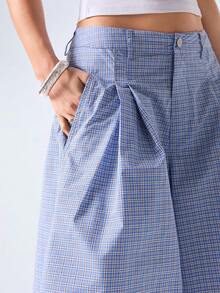 LYSMO 女士格子高腰褶裥阔腿短裤 - 藍色 - 查看 8