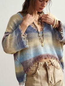 Bohemela Ombre Distressed Loose Knit Sweater - Mauve Mist - View 7