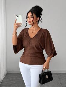 Elenzga Kaos Kasual Modis Gaya Retro Prancis untuk Liburan, Elegan, Cocok untuk Perjalanan, Leher V, Lengan Raglan, Pinggang Terikat, Bahan Bertekstur - Coklat - View 3
