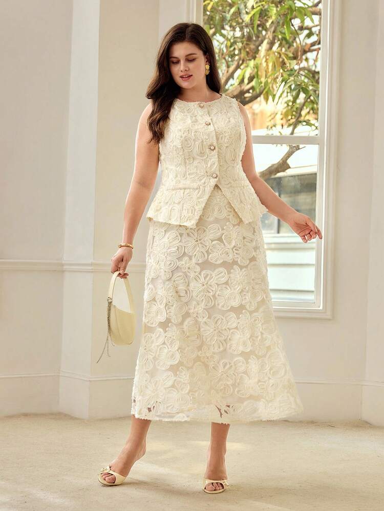 PLUS SIZE WOMEN'S FASHIONABLE VERSATILE ELEGANT LACE 3D FLORAL A-LINE SKIRT