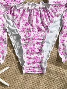 Swim Vcay Women's 2pcs Ditsy Floral Ruffled V-Neck Halter Bikini Set Set, Summer - Hot Pink - View 5