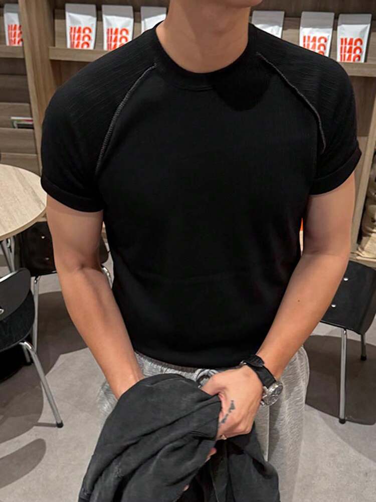 Men's Solid Black Slim Fit Short Sleeve T-Shirt, Summer