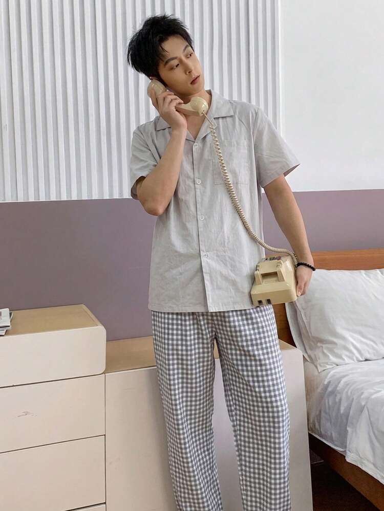 Short Sleeve Shirt Paired With Plaid Pants, Multi-Color Men's Loungewear Set