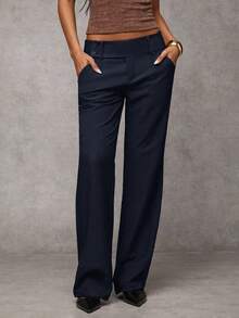 SHEIN PETITE CURVE Pantalones acampanados de unicolor versátiles de talla grande - Azul Marino - Ver 4