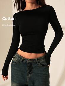 SHEIN PETITE 露背蕾絲拼接女款T恤上衣，優雅約會夜店晚裝，適合秋季，黑色，小碼女款 - 黑色 - 查看 9