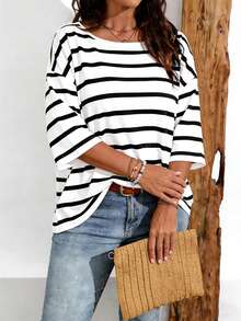 大码女式休闲简约小碎花落肩T恤，适合夏季穿着 - 彩色 - 查看 4