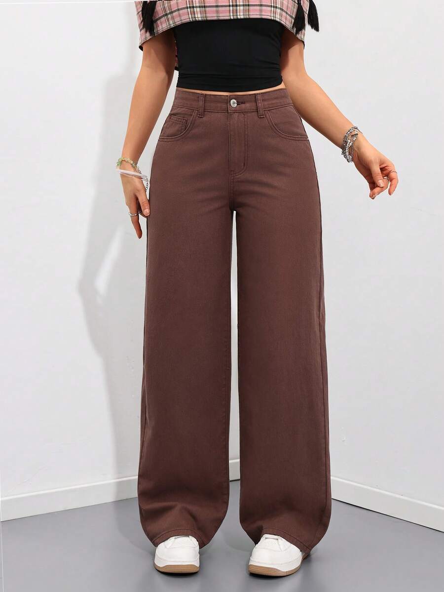 SHEIN ICON Women's Casual Loose Fit Pocketed Denim Jeans, Suitable For Everyday Wear And Outings - Brown - View 1