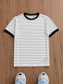 Manfinity Unisex Men's Casual Loose Fit Short Sleeve Round Neck T-Shirt, Striped Plain - White - View 1