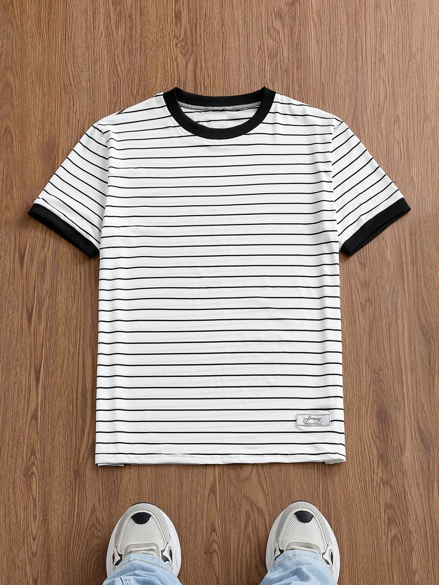 Manfinity Unisex Men's Casual Loose Fit Short Sleeve Round Neck T-Shirt, Striped Plain - White - View 1