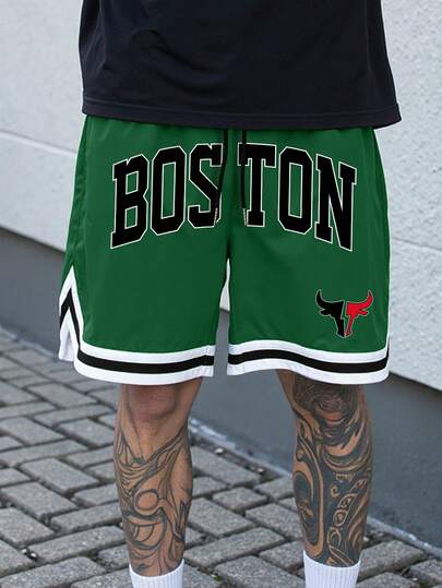 Manfinity Campus Court 加大码男士休闲运动字母图案条纹抽绳腰短裤