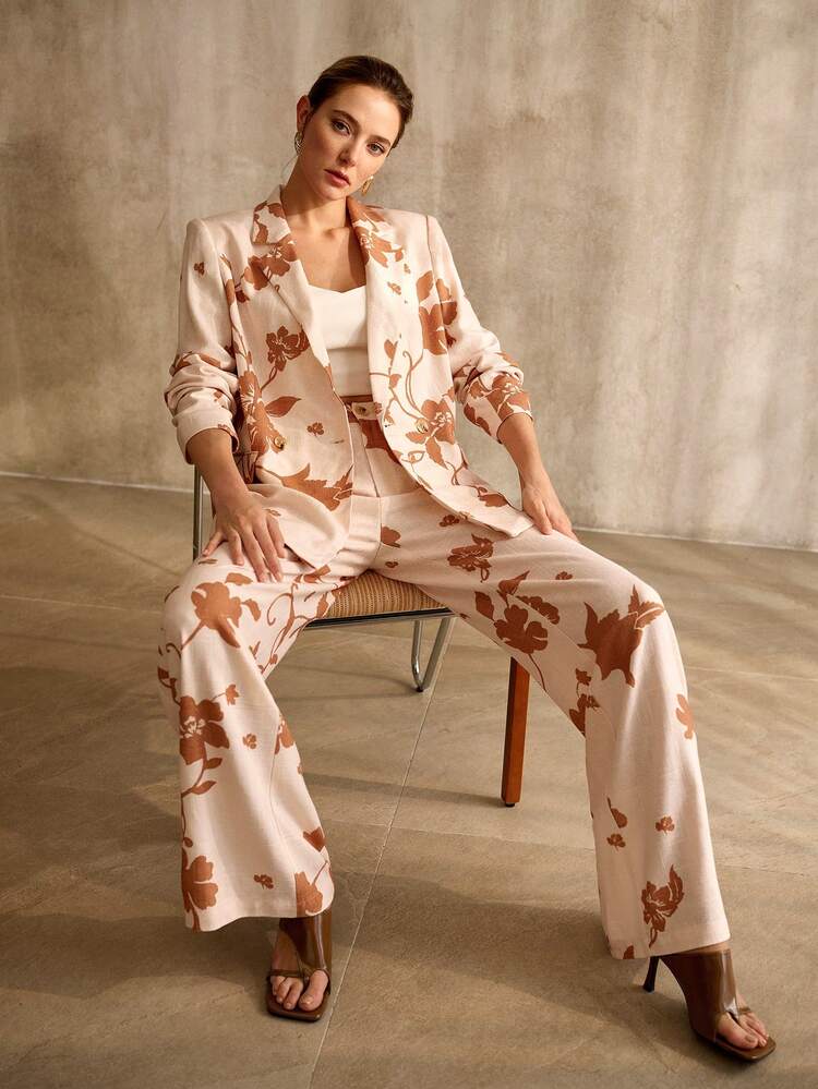 WOMEN'S LONG LINEN BLEND PRINTED SUIT PANTS