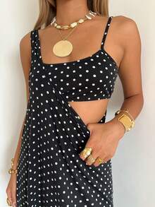 SHEIN EZwear 女士黑色波点针织无袖连衣裙 - 黑色 - 查看 4