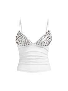 ROMWE Grunge Punk Spring/Summer Plus Size Women Sexy Dark PUNK Rivet Patchwork Top  Valentine's Day - White - View 1