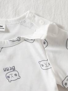 SHEIN 2pcs Baby Boys/Girls Blue Summer Cute Family Matching Bear Print Top&Embroidered Denim Overalls Set,Soft Short Sleeve Open Shoulder Birthday Outfit - Blue - View 8