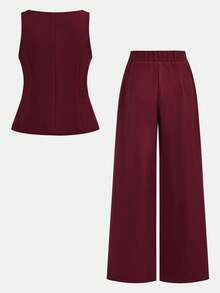 Firerie Kids 2 pièces Ensemble Top camisole décoré de boutons bordeaux et pantalon à la cheville pour jeune fille, style décontracté et à la mode - Rouge foncé - Voir 2