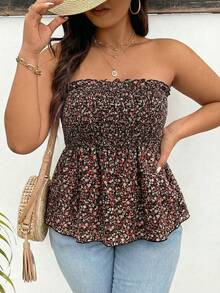 SHEIN Frenchy Plus Size Women Ditsy Floral Frill Trim Bandeau Top - Black - View 3