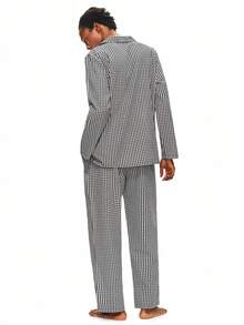 Rest Era Black & White Plaid Logo Elastic Collar Pajama Set For Men, Winter Clothes - Multicolor - View 2