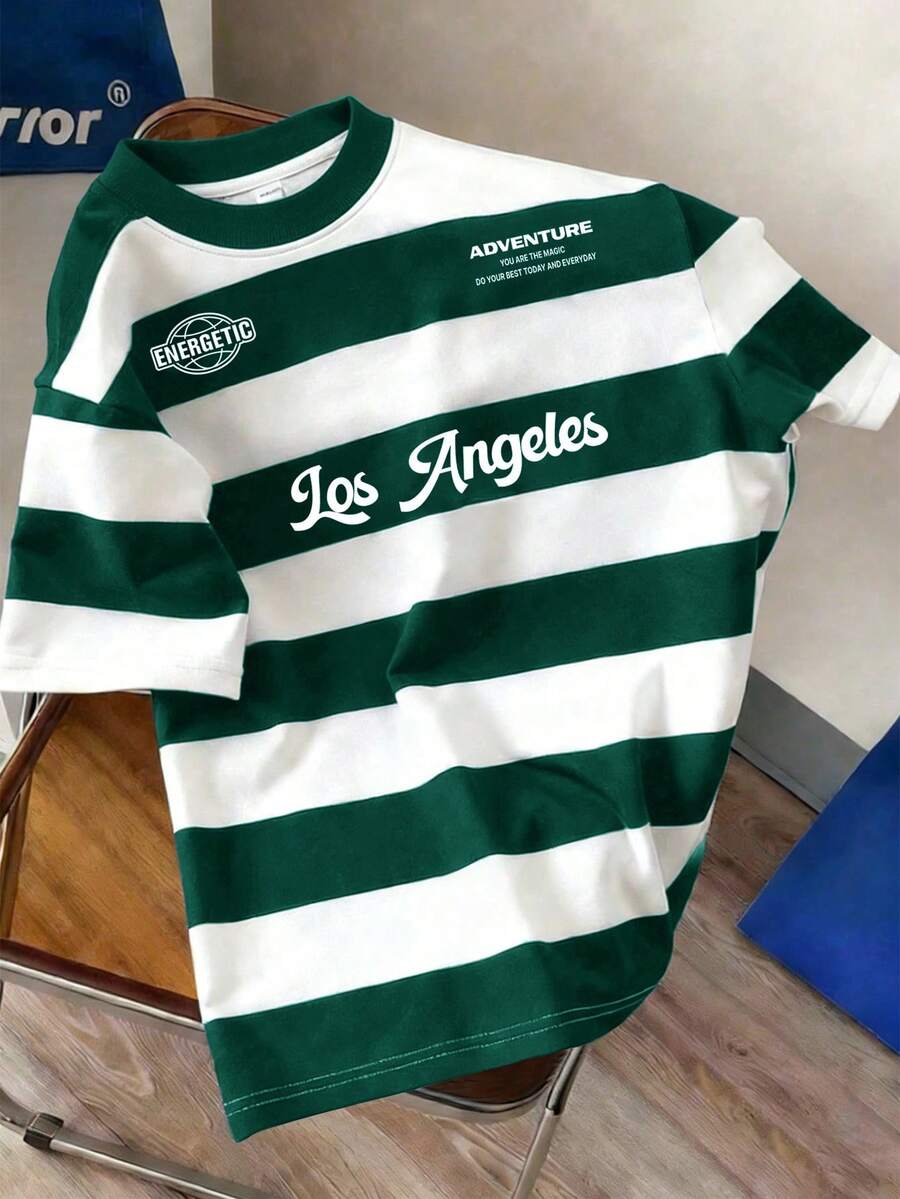 Manfinity Joysei Men's Letter & Stripe Print Round Neck Short Sleeve Casual T-Shirt - Dark Green - View 1